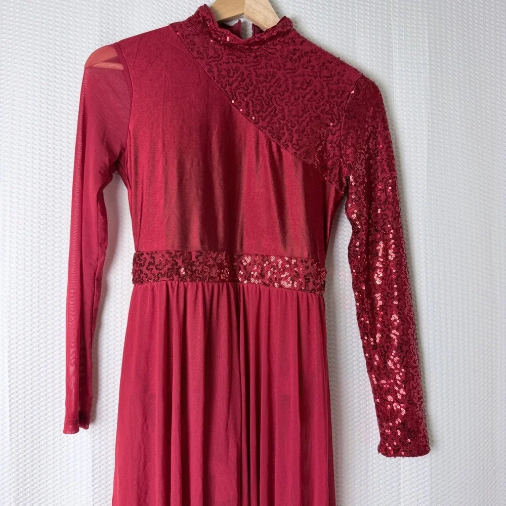 iEFiEL Lyrical Dance Dress Girls Small Red Sequin Asymmetrical Mesh NWT Flowy